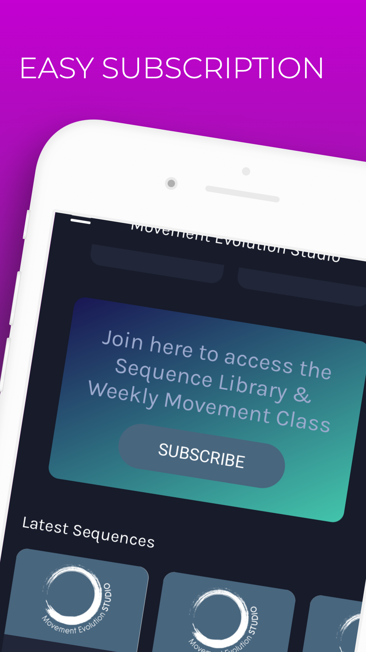 A close up of a cell phone with a purple background. movement evolution studio mobile app app store screen shot