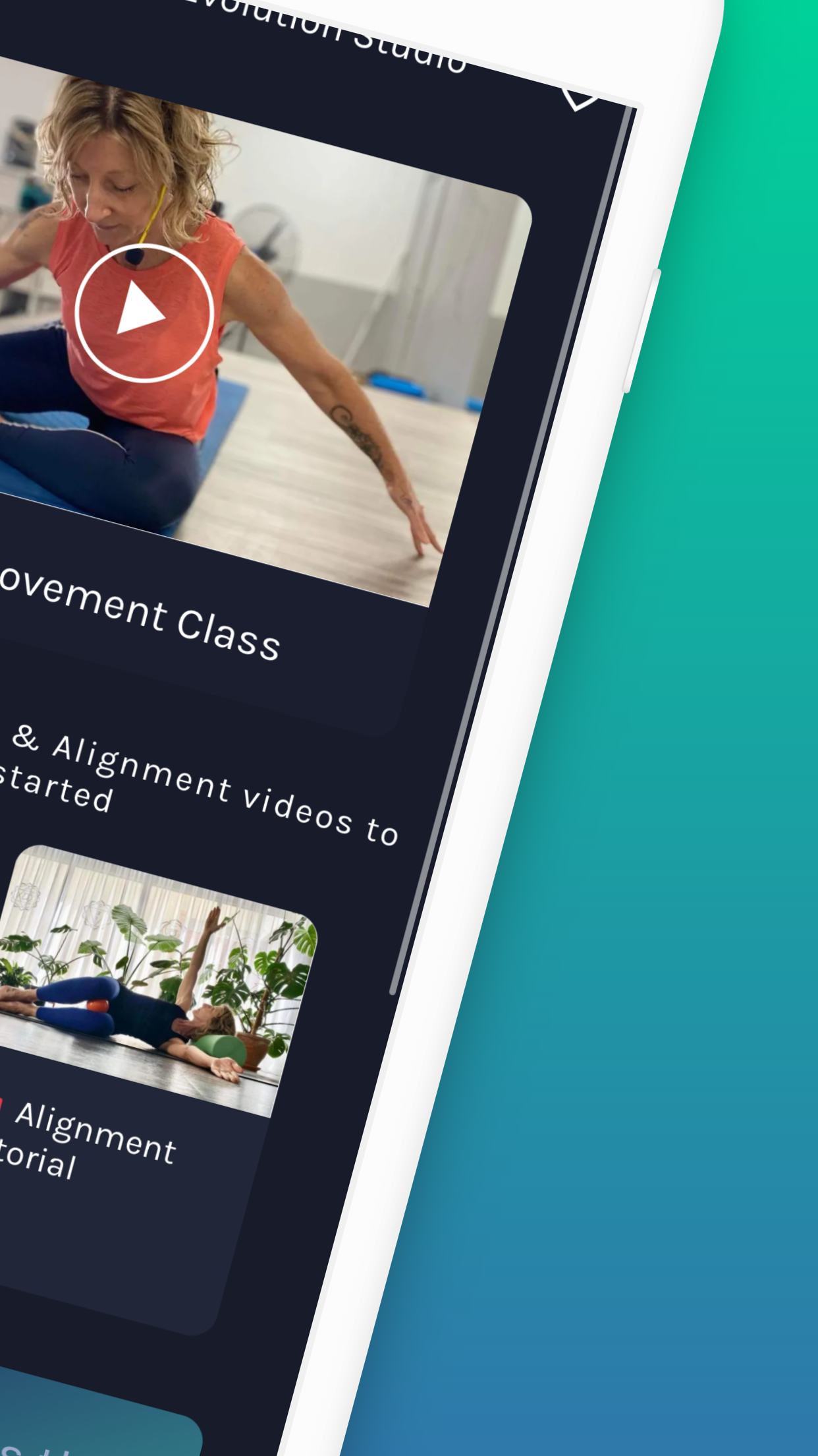 A woman is sitting on a yoga mat on a phone screen. movement evolution studio mobile app app store screen shot