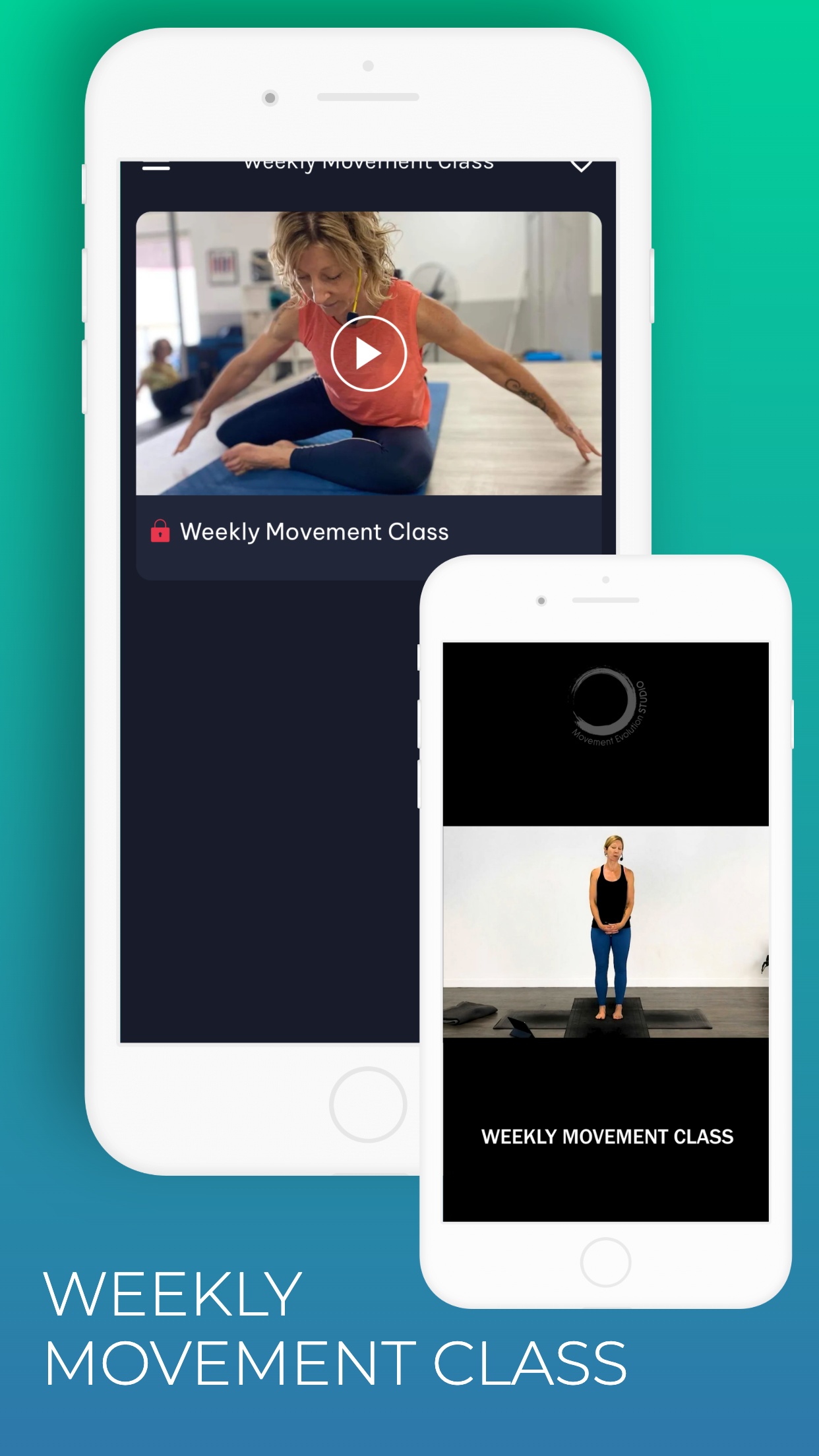 A woman is stretching on a yoga mat on a cell phone. movement evolution studio mobile app app store screen shot