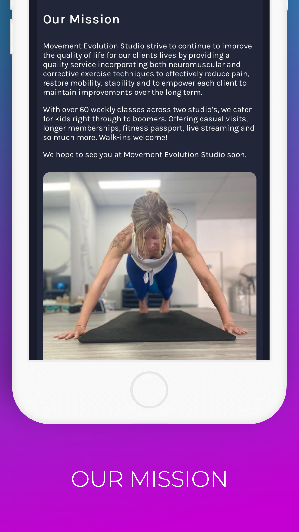 A woman is doing push ups on a yoga mat on a cell phone. movement evolution studio mobile app app store screen shot