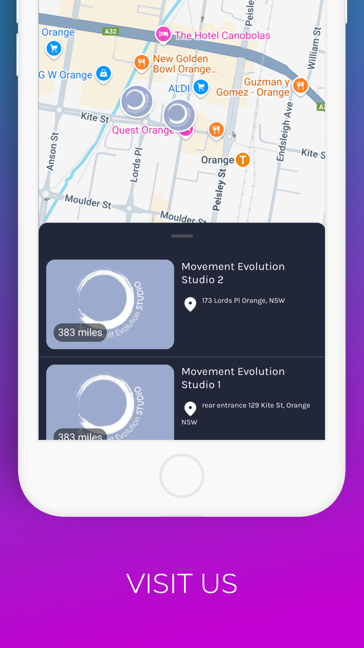 A cell phone with a map on it and the words `` visit us '' on the bottom. movement evolution studio mobile app app store screen shot