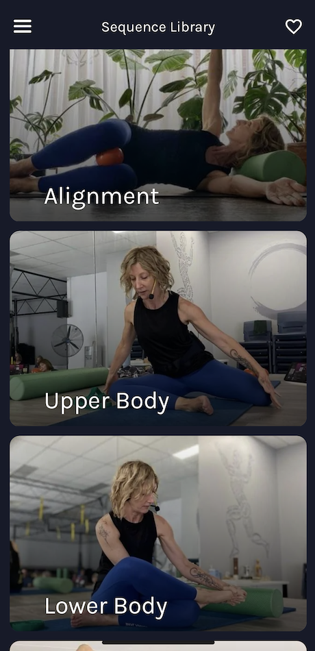 A woman is doing a yoga pose on a yoga mat. movement evolution studio mobile app screen shot