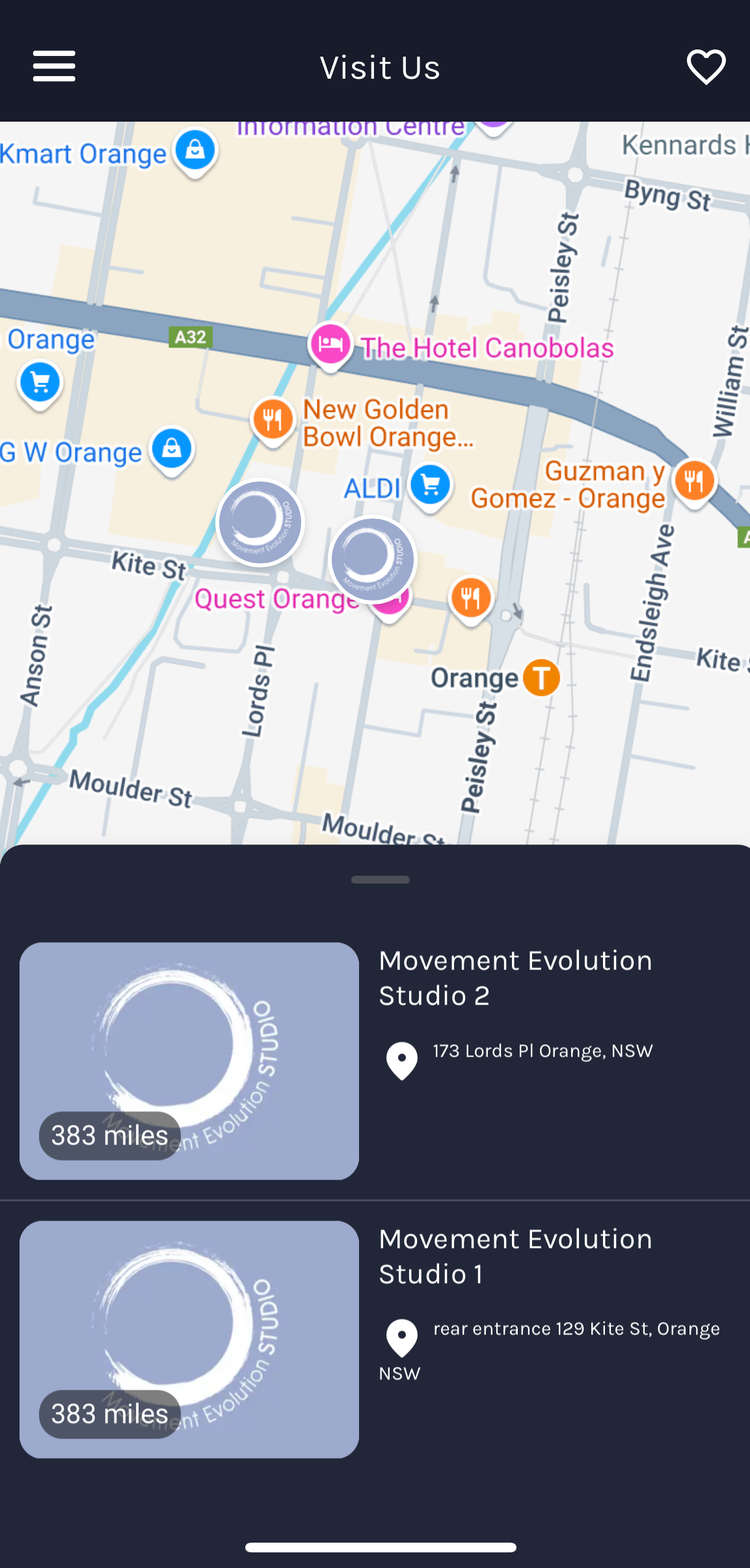 A screenshot of a map on a cell phone. movement evolution studio mobile app screen shot