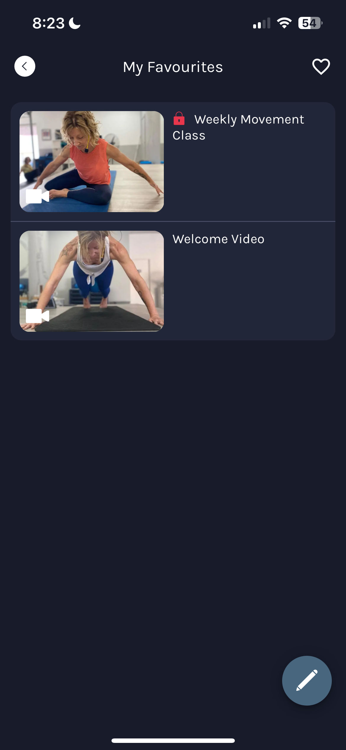 A screenshot of a workout app on a cell phone. movement evolution studio mobile app screen shot