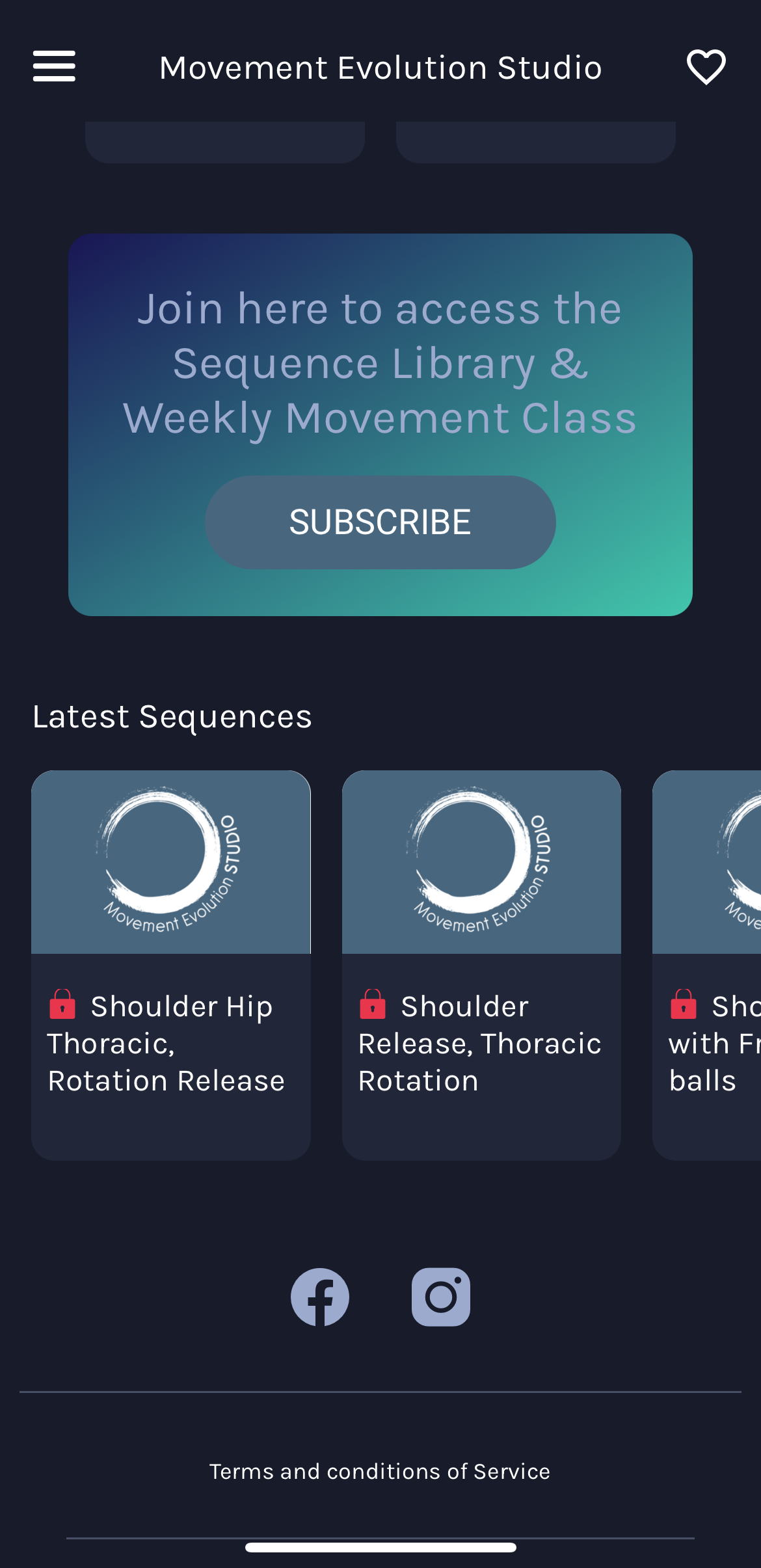 A screenshot of a sequence library app on a cell phone. movement evolution studio mobile app screen shot