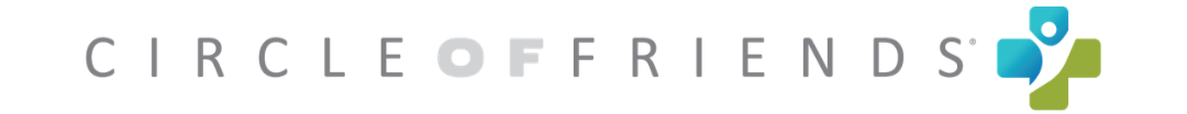 Circle of Friends logo with gray text and blue-green abstract icon on a white background
