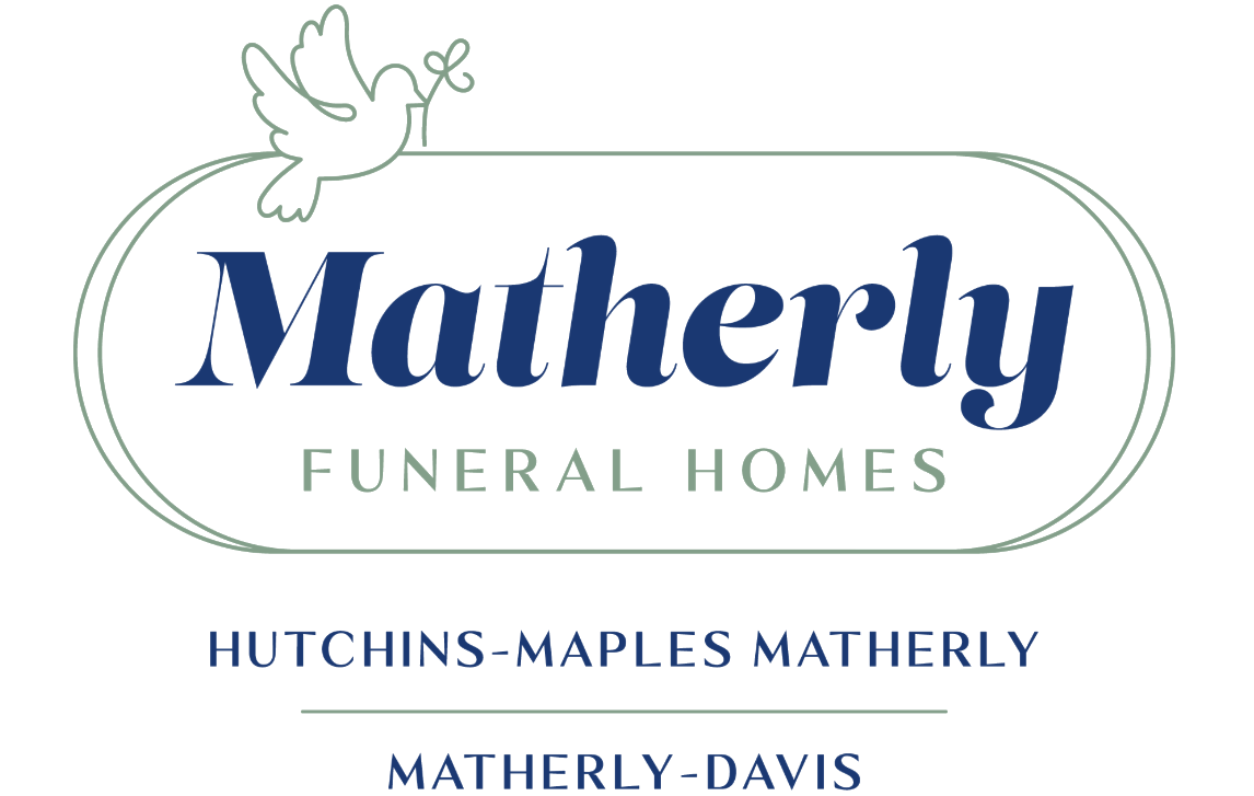 Matherly Funeral Homes logo with white dove and blue-green oval border, Hutchins-Maples Matherly and Matherly-Davis text
