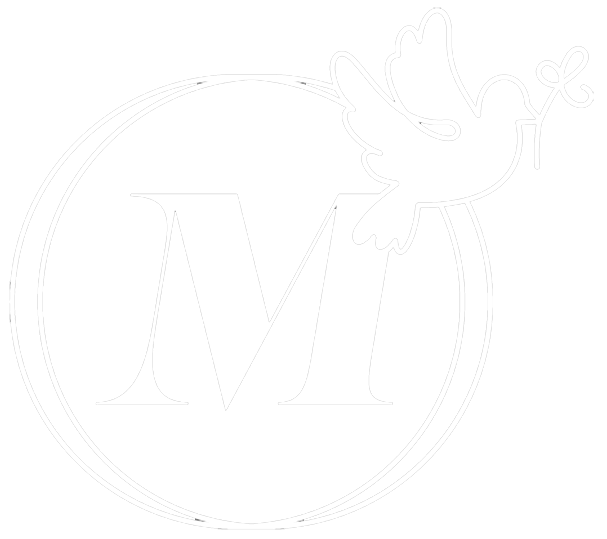 White circular logo with a large letter M and a bird silhouette