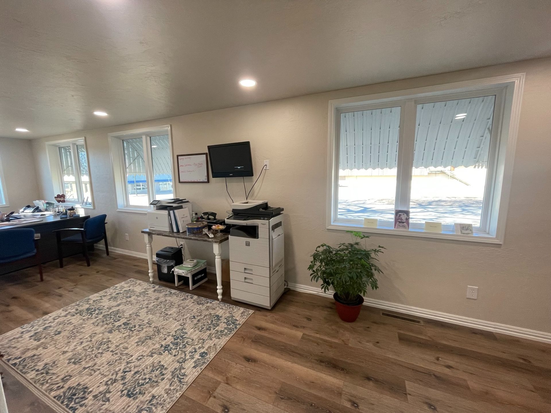Bright living room with wood floors, rugs, desk, TV, and potted plant near a window.