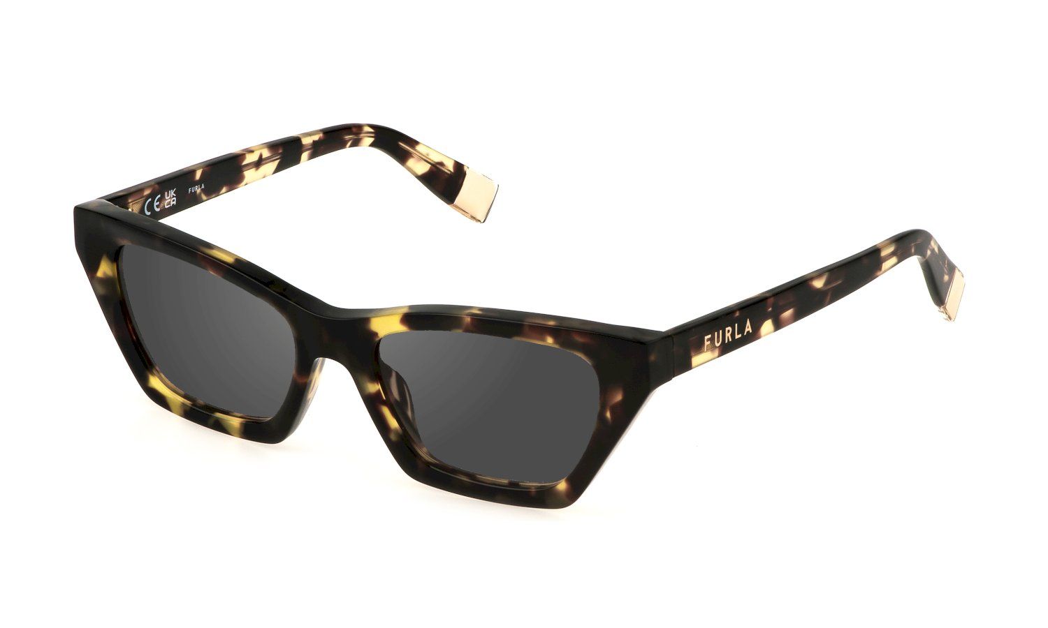 Un paio di occhiali da sole con montatura leopardata su sfondo bianco.