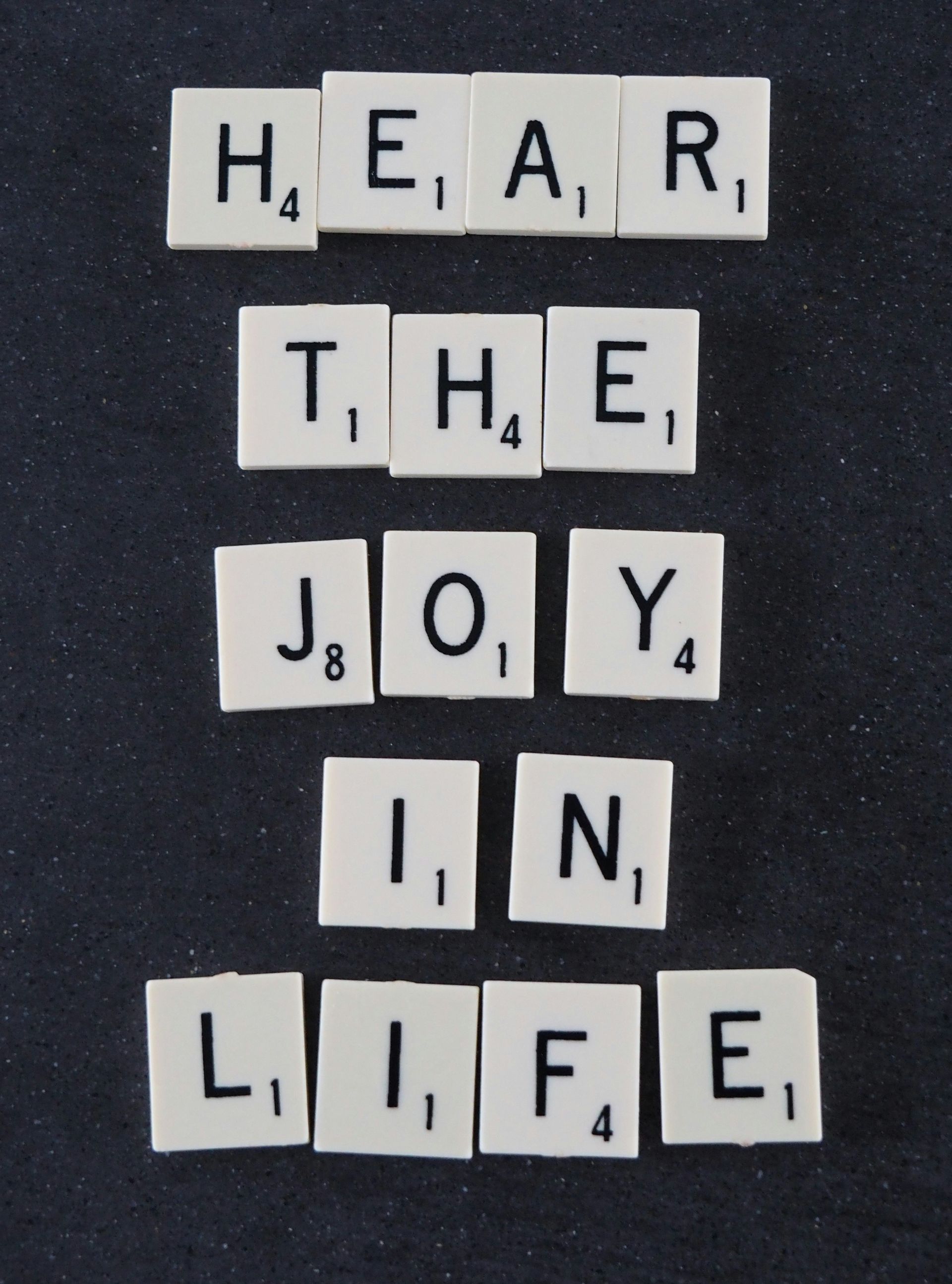 Scrabble tiles that say hear the joy in life