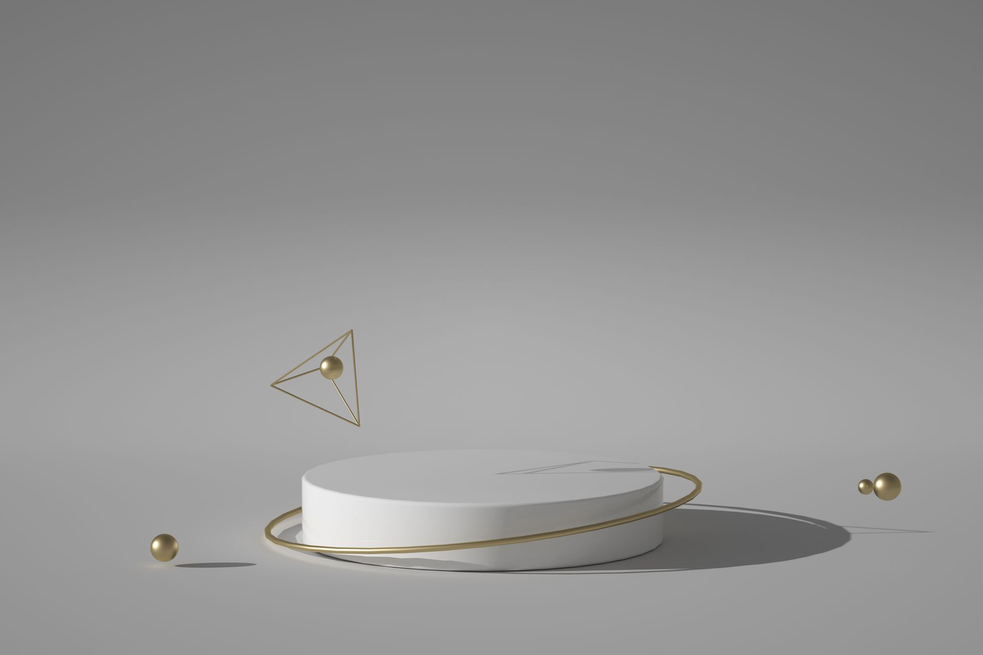 A white podium with gold beads and a triangle on a gray background.