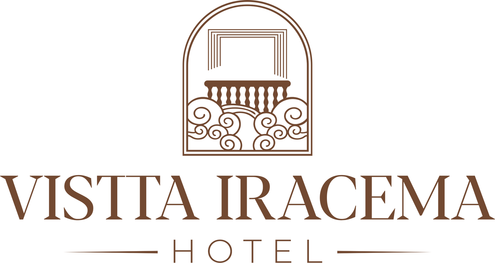 Logotipo do Hotel Vista Iracema com um emblema estilizado de varanda em tons de marrom e bege.