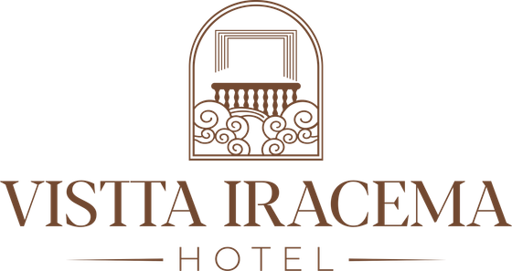 Logotipo do Hotel Vista Iracema com um emblema estilizado de varanda em tons de marrom e bege.