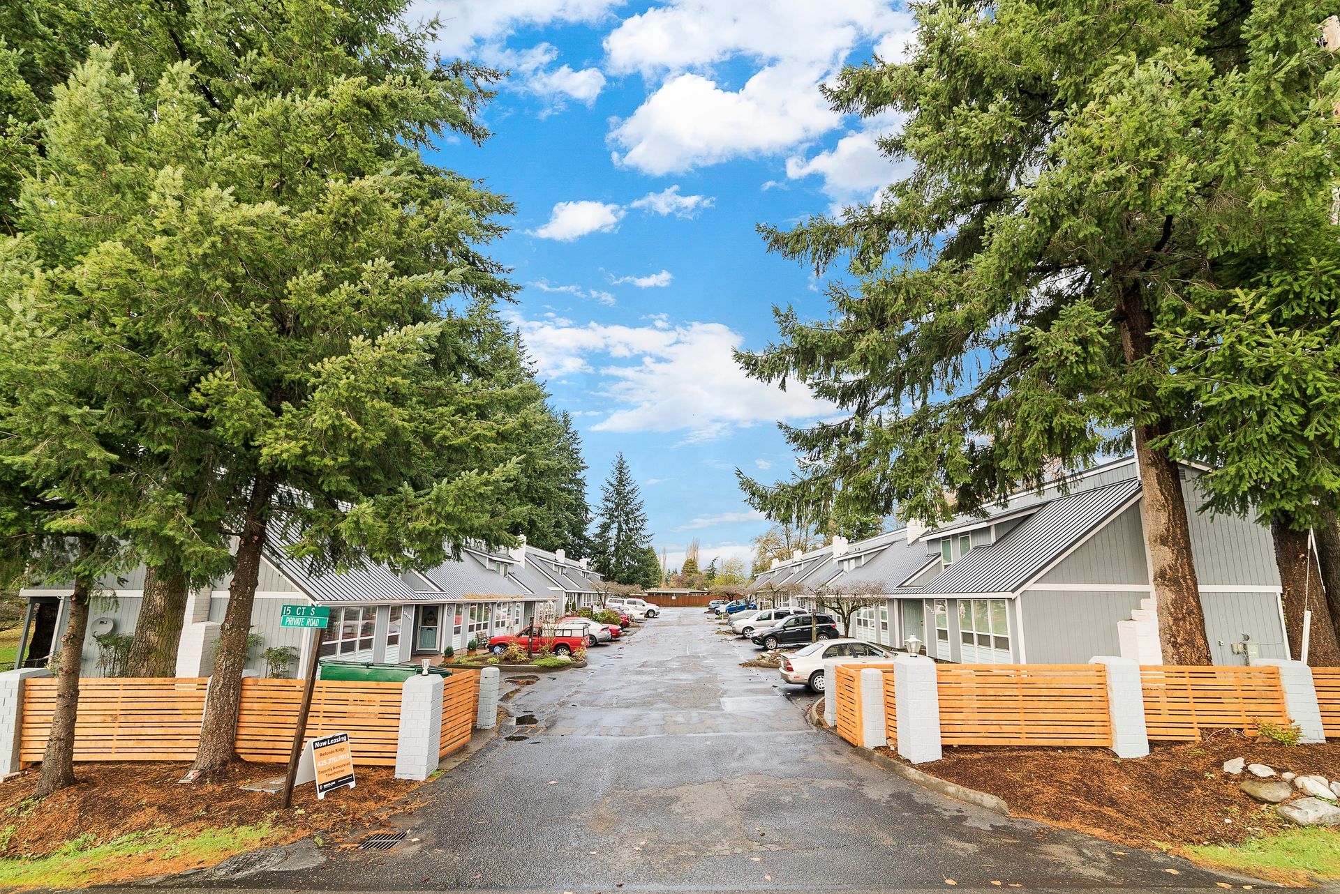 A row of houses are lined up along a road surrounded by trees.