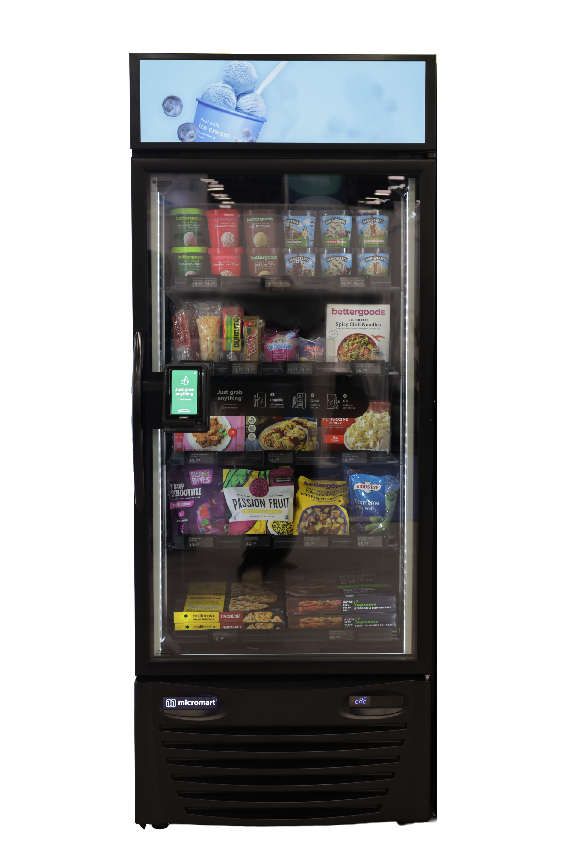 A vending machine filled with snacks and drinks on a white background.