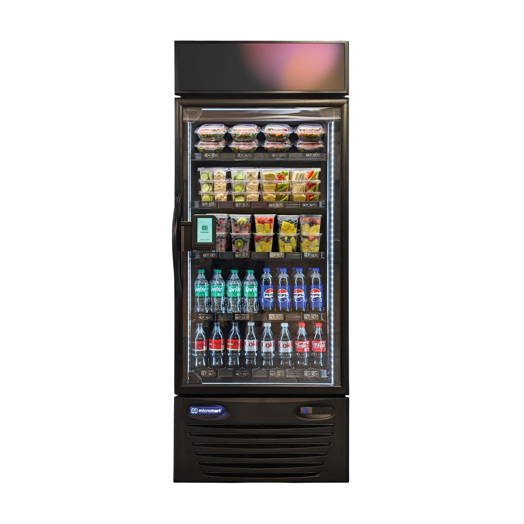 A beverage cooler with a glass door filled with bottles and cans.
