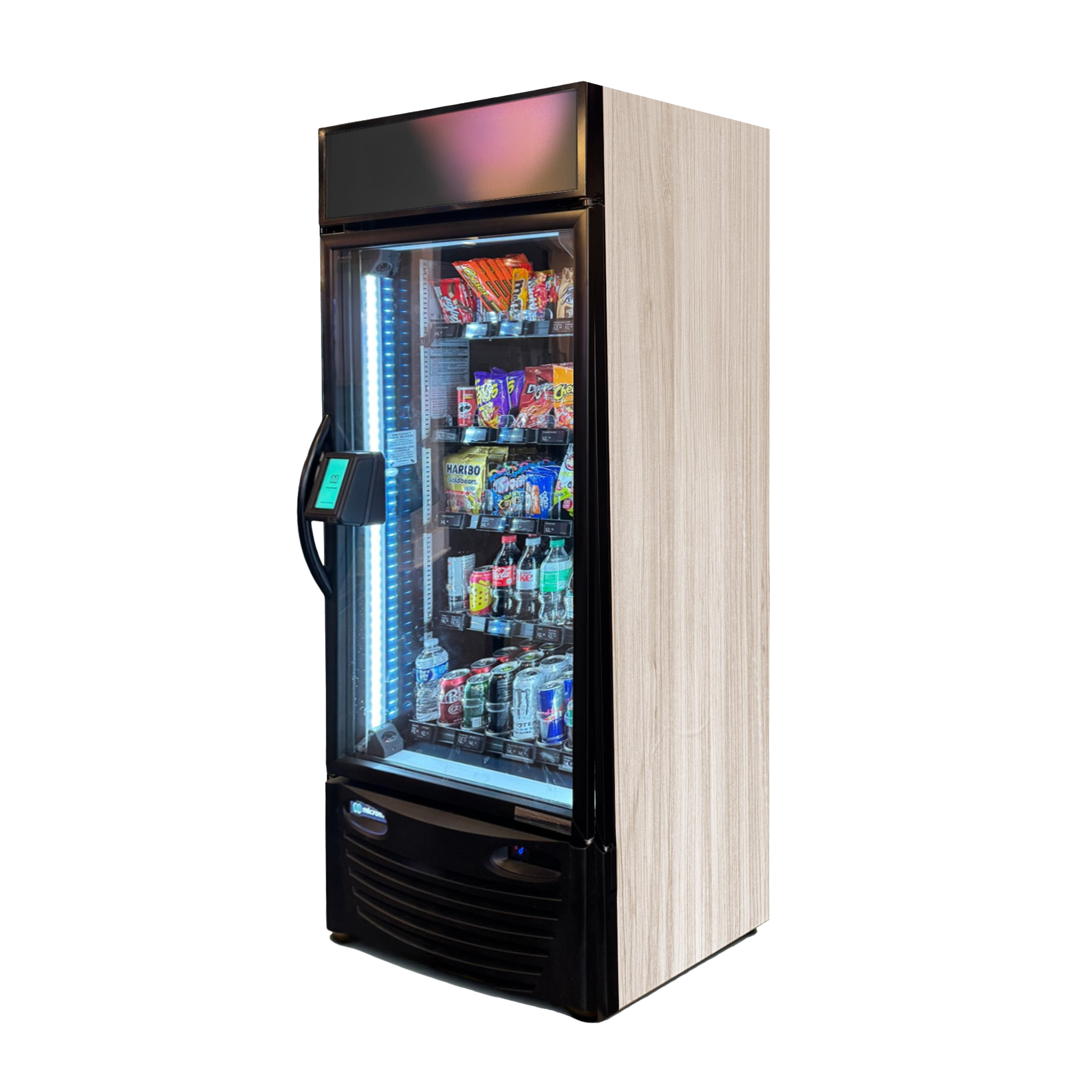 A vending machine with a glass door and a wooden cabinet.