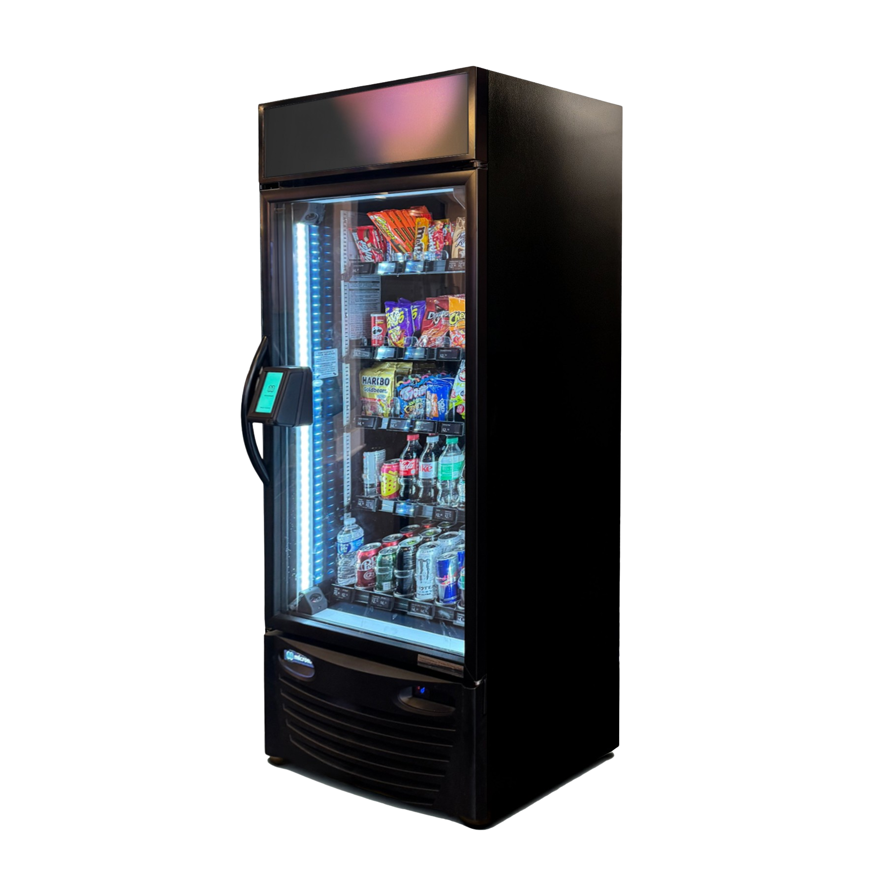 A vending machine with a glass door and a touchscreen.