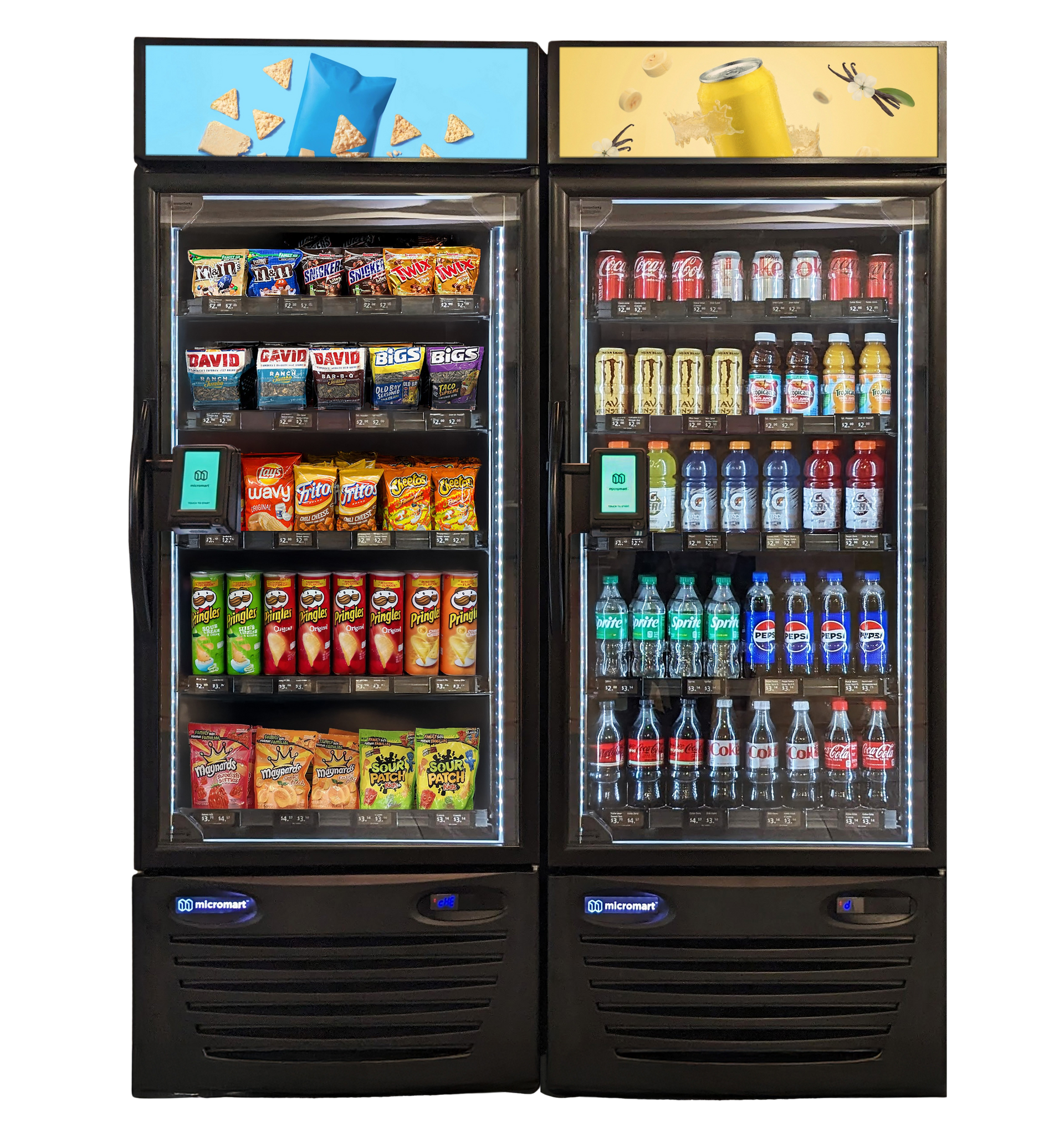 A couple of refrigerators filled with soda and snacks.