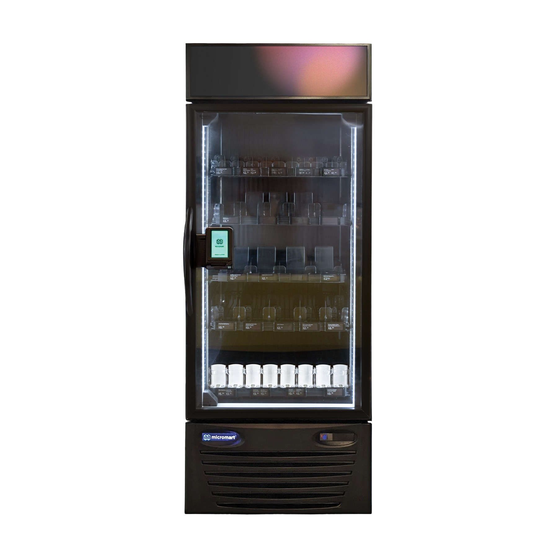 A black refrigerator with a glass door and bottles inside of it.