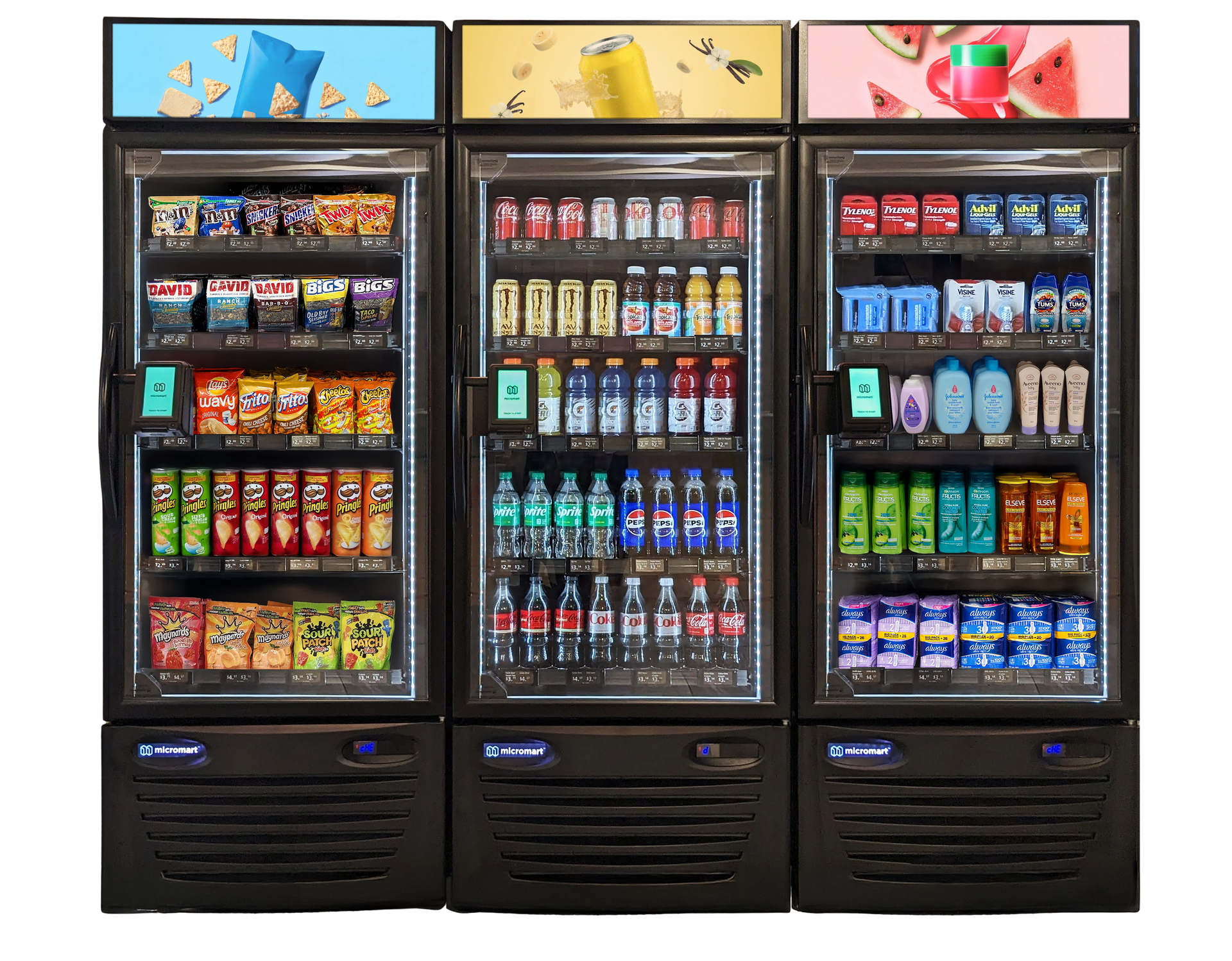 Three refrigerators filled with lots of drinks and snacks.