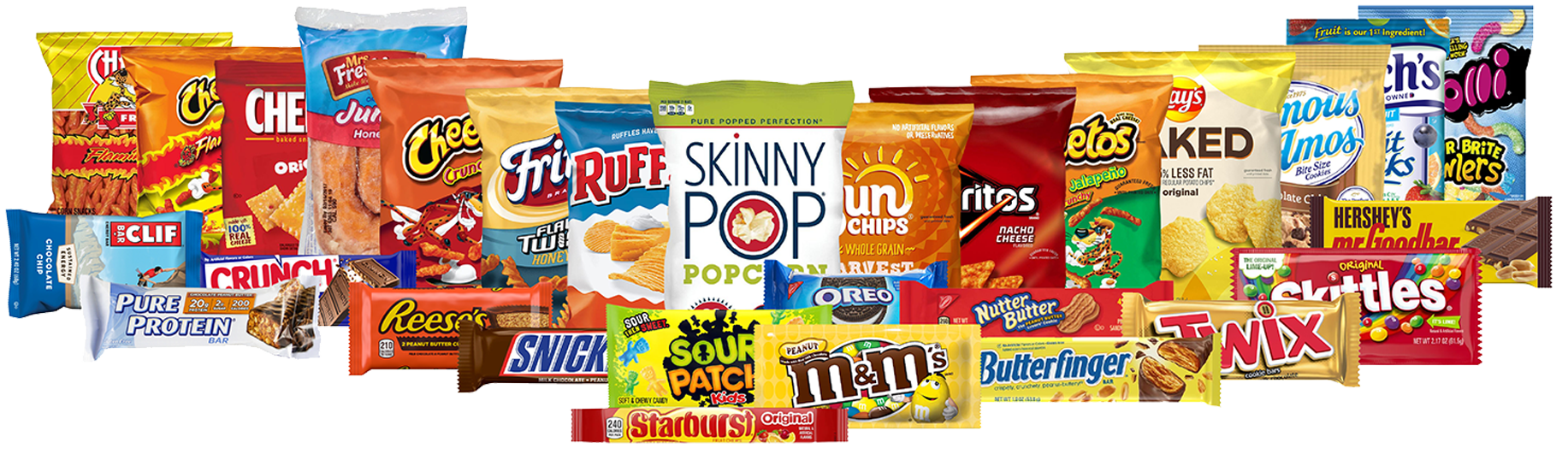 A variety of snacks are lined up in a row.