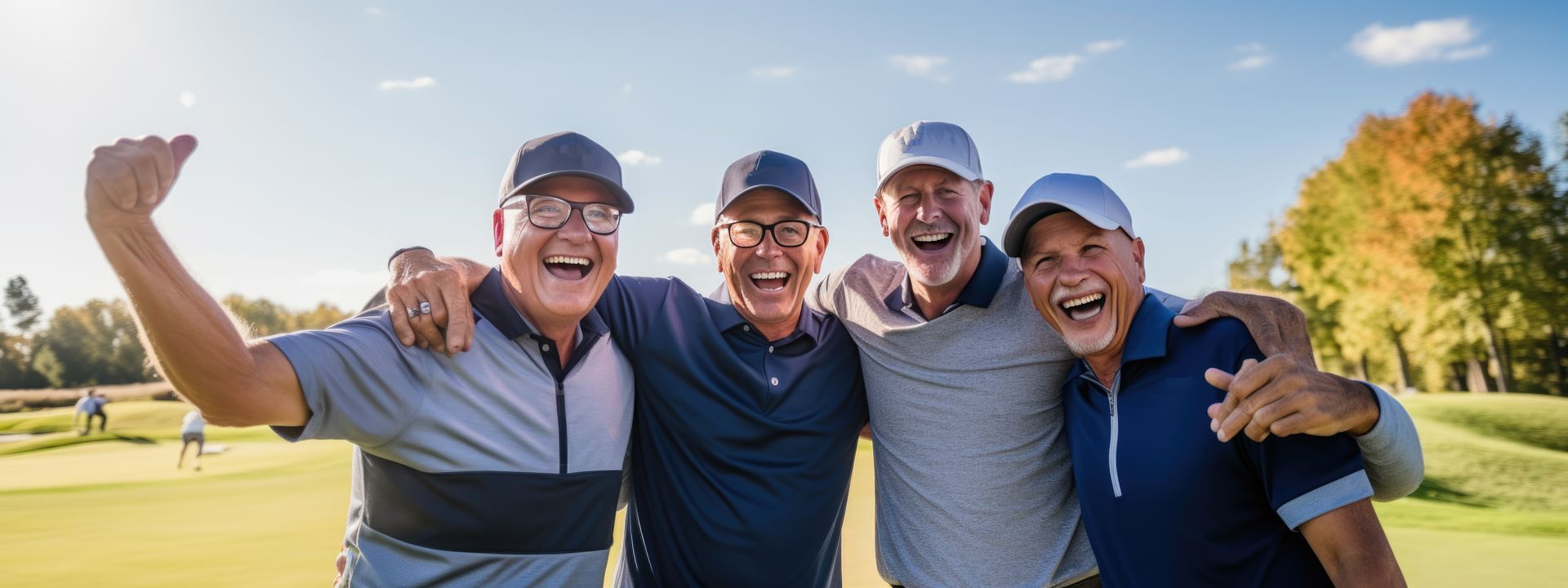 Four smiling friends with arms around each other outdoors under a bright blue sky