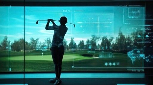 Golf instructor speaking to a small group beside a golf bag and course backdrop