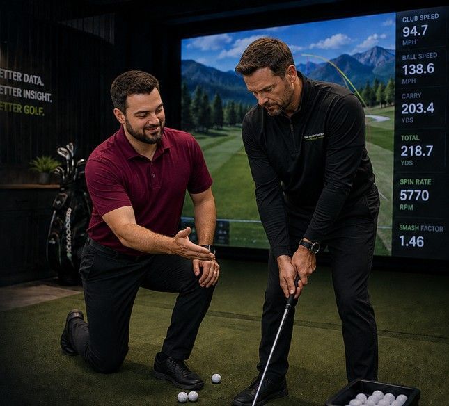 Golf instructor coaching a student on proper stance at an indoor golf simulator