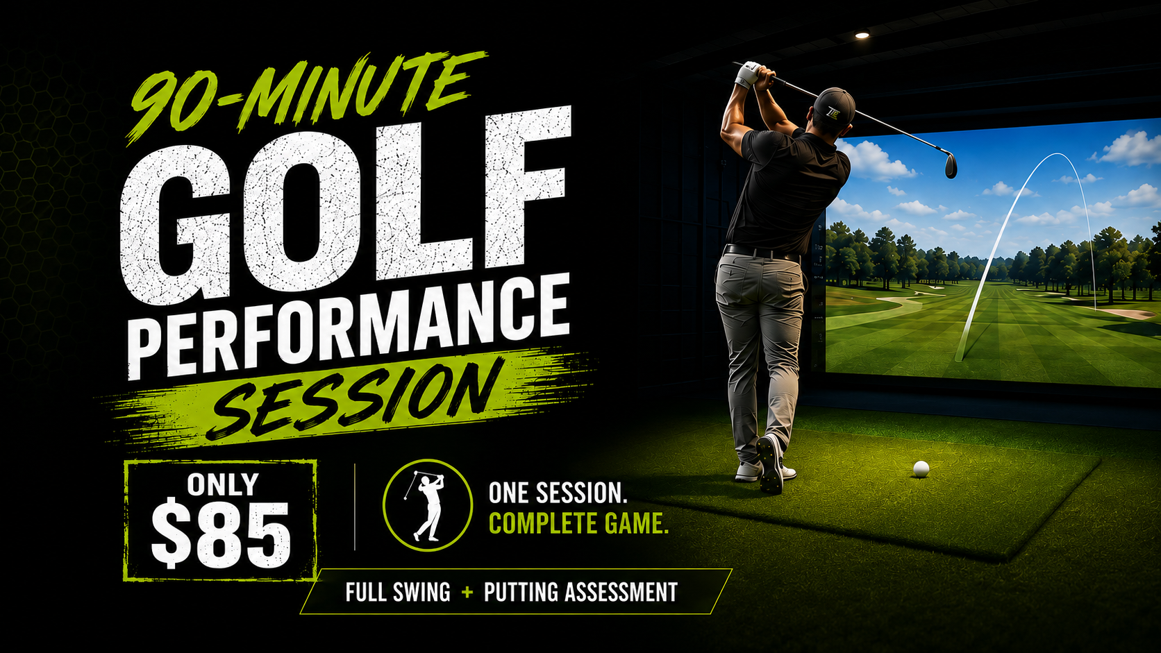 Golf instructor coaching a student on proper stance at an indoor golf simulator