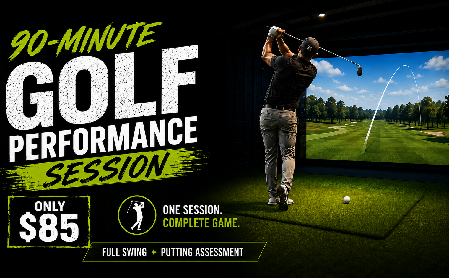 Golf instructor coaching a student on proper stance at an indoor golf simulator