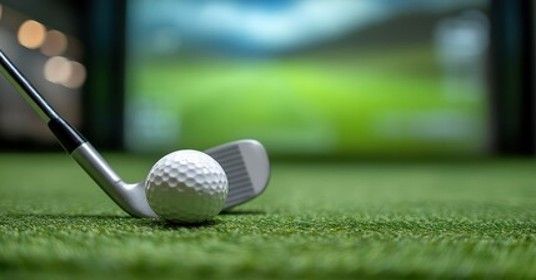 Golf instructor speaking to a small group beside a golf bag and course backdrop