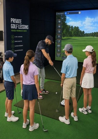 Golfer swinging a club on an indoor simulator with a large scenic screen behind him.