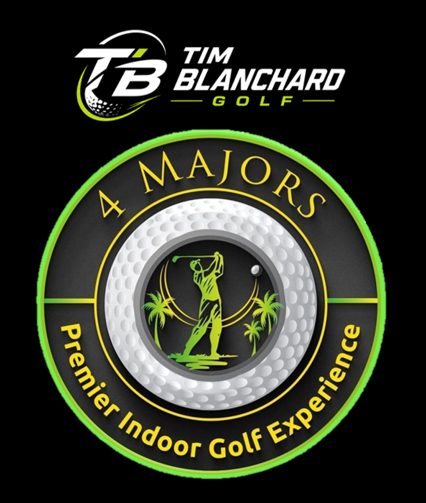 Logo for “4 Majors Premier Indoor Golf Experience” with a golfer, golf ball, and green circular border