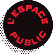 Un cercle noir avec des lettres rouges qui dit l'espace public
