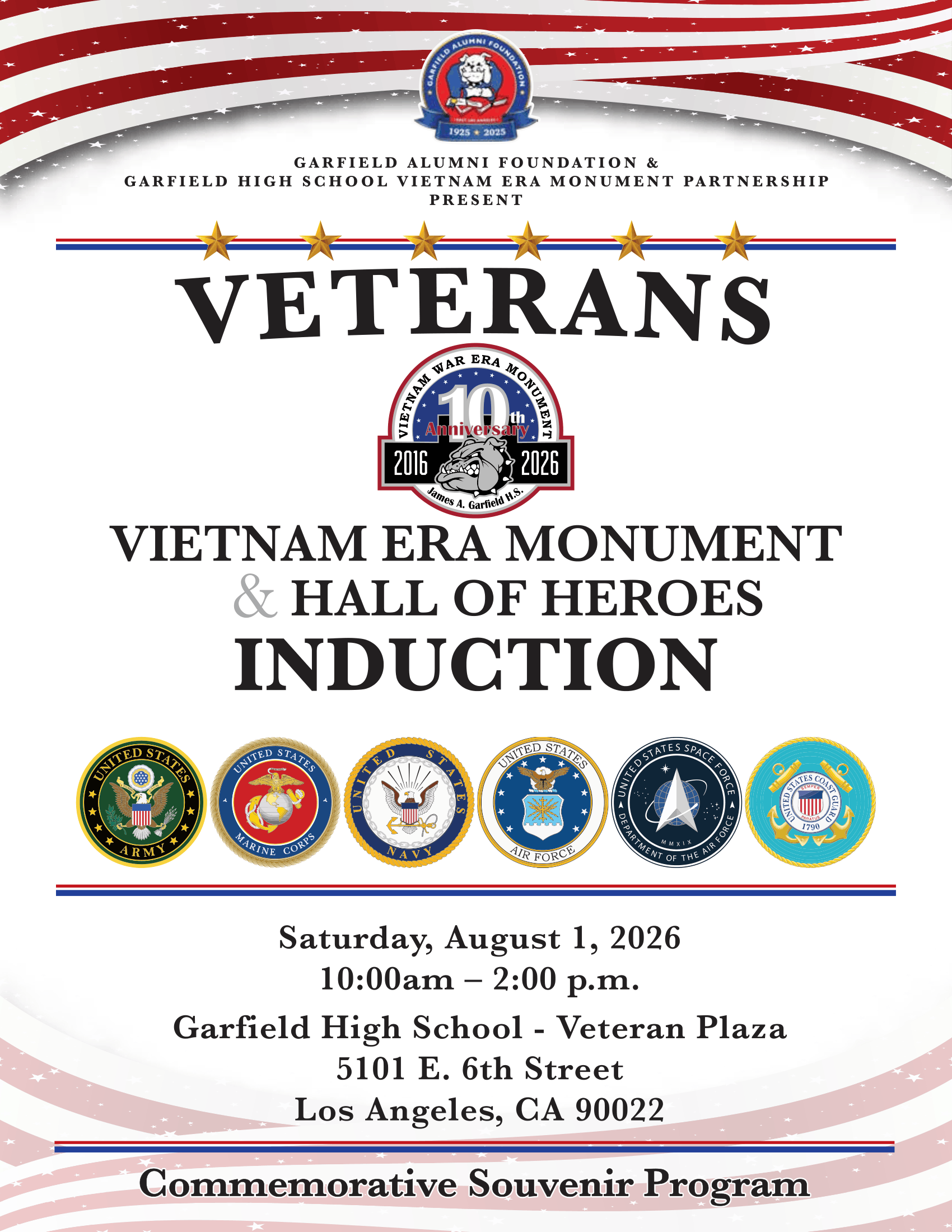 Veterans Vietnam Era Monument and Hall of Heroes Induction event poster with flags and emblems