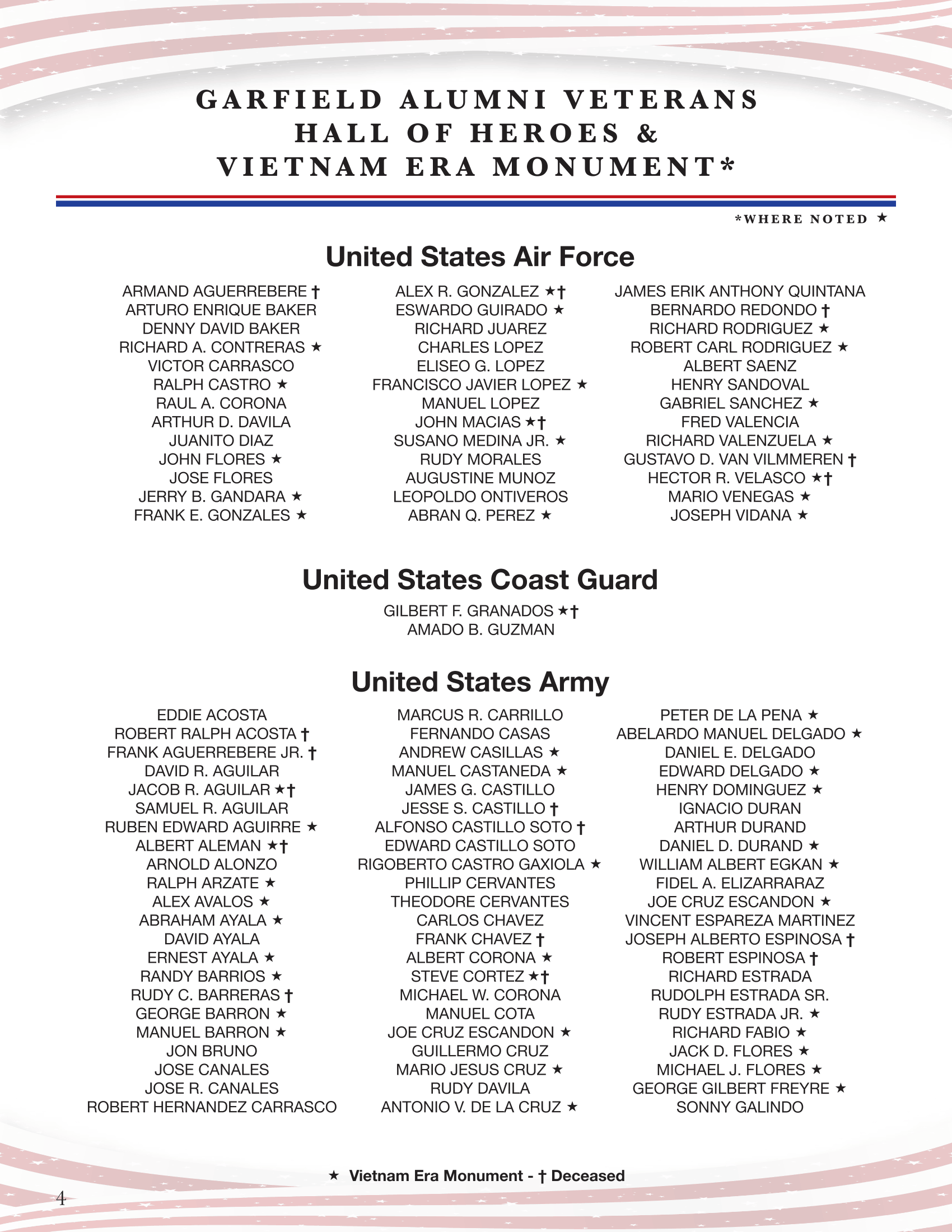 Hall of Honor veterans collage listing United States Air Force, Coast Guard, and Army names