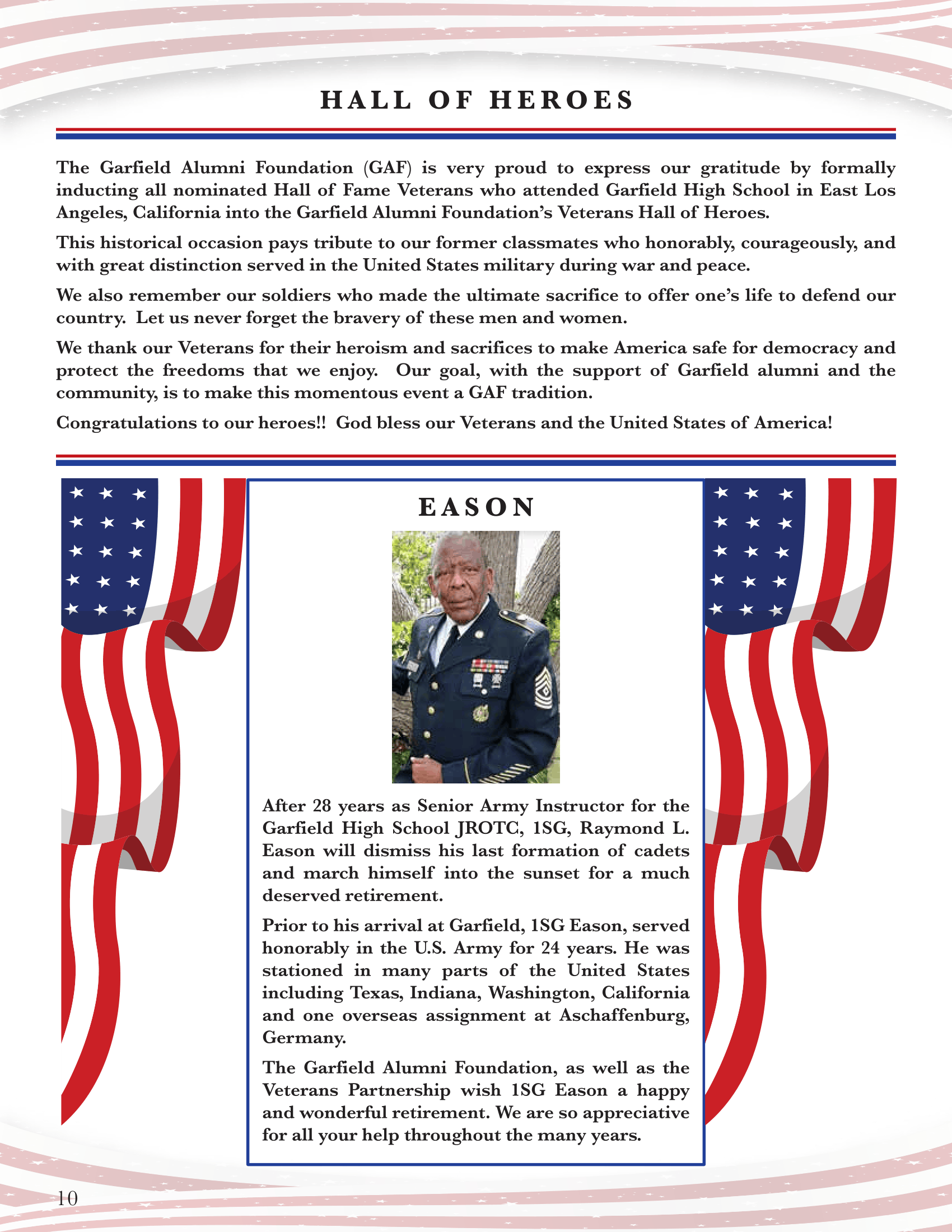 Memorial page with patriotic red-white-blue accents and a centered uniformed service member portrait