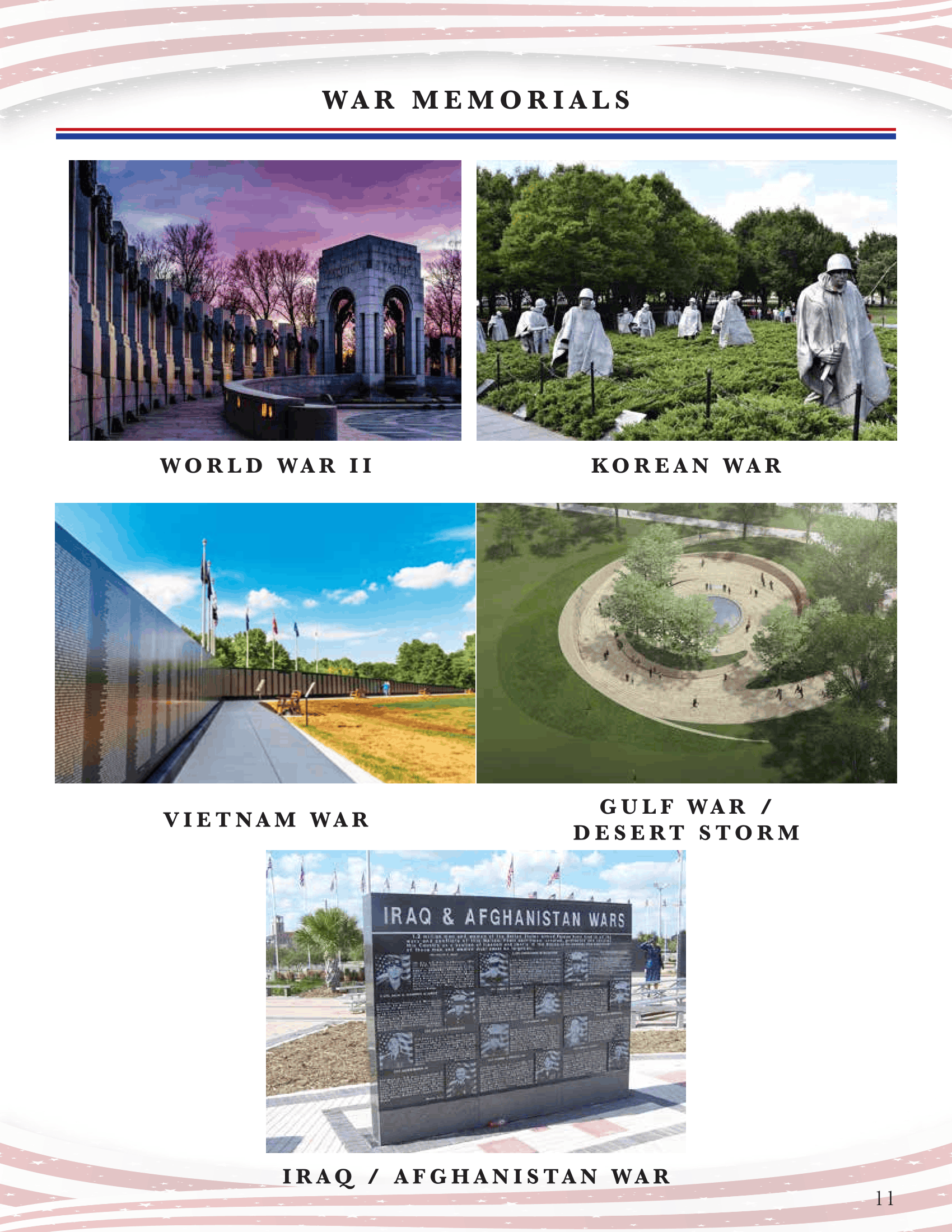 Collage of World War II, Korean War, Vietnam War, Gulf War and 9/11 memorial sites with labeled captions