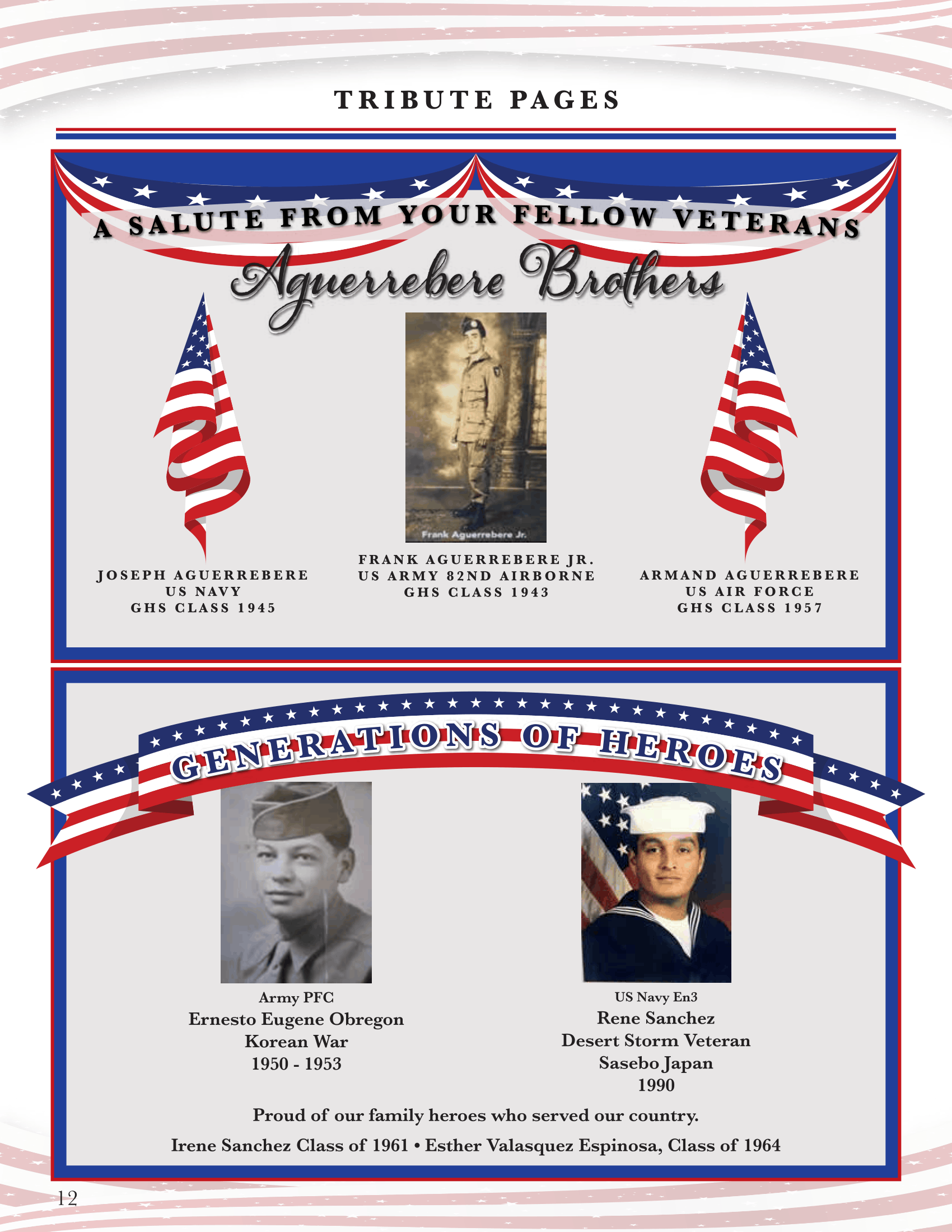 Patriotic tribute poster with red, white, and blue borders, flags, and veteran photos in two framed sections