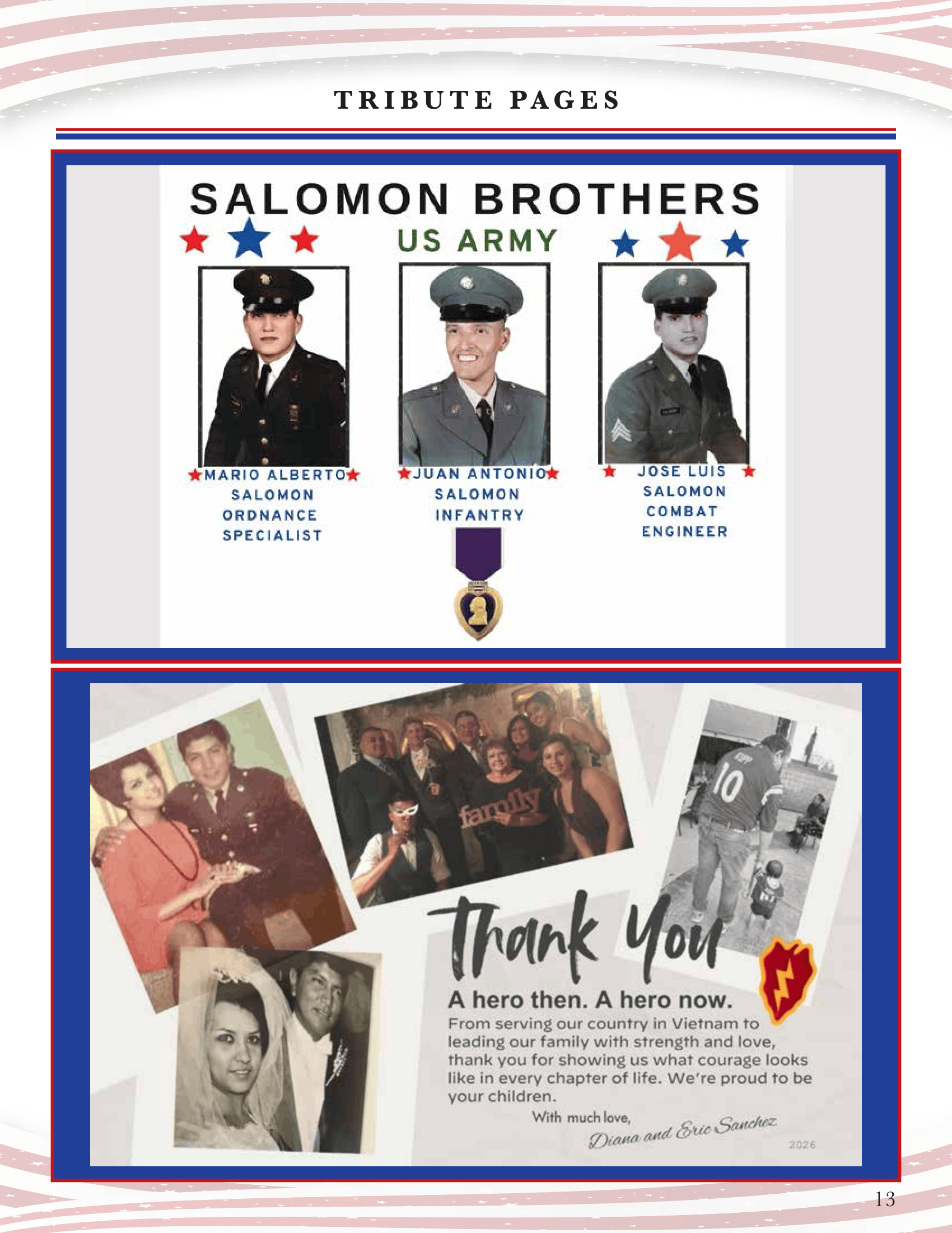 Tribute collage to the Salomon Brothers in US Army uniforms with photos and a thank-you note beneath