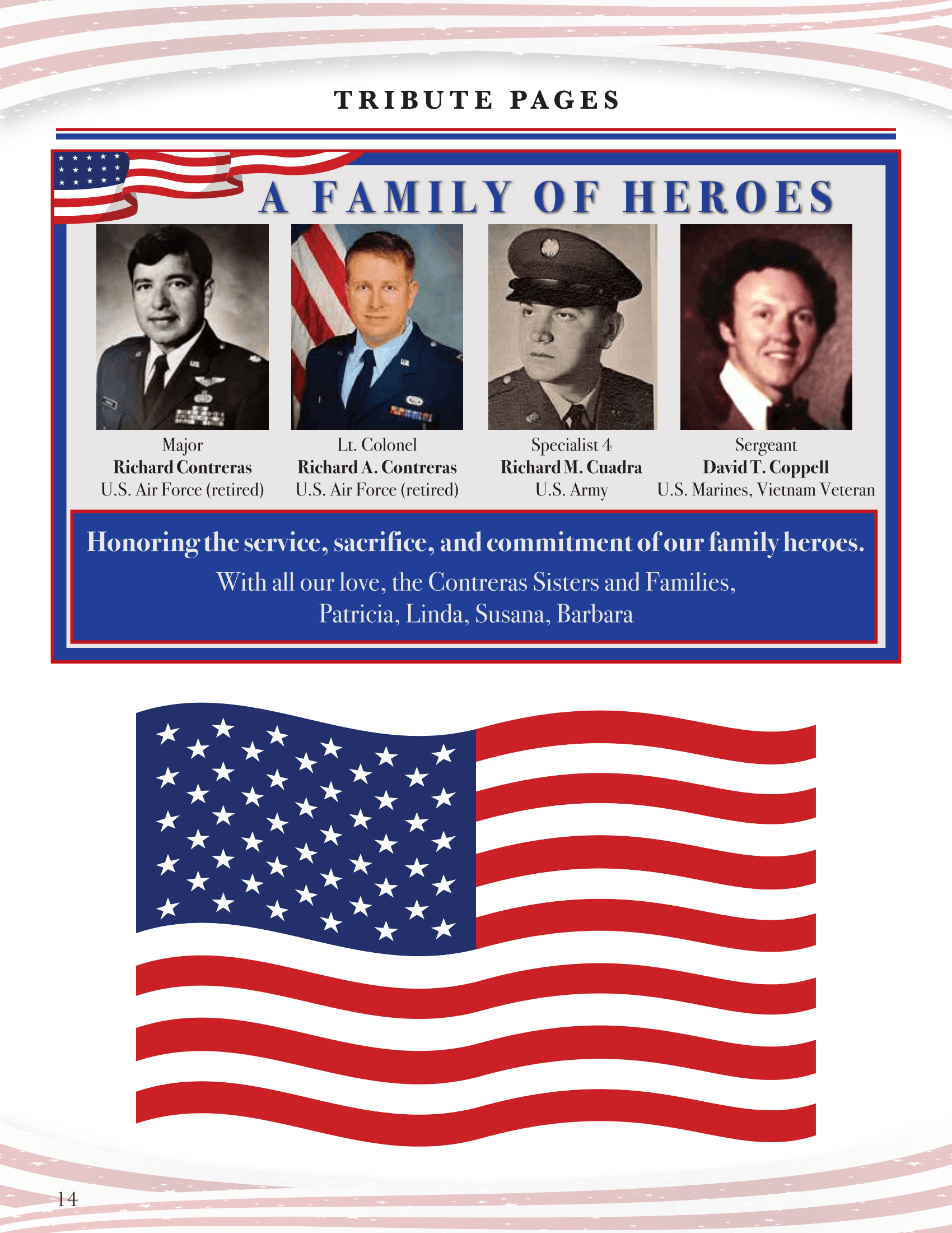 Poster titled “A Family of Heroes” with four photos above a waving American flag