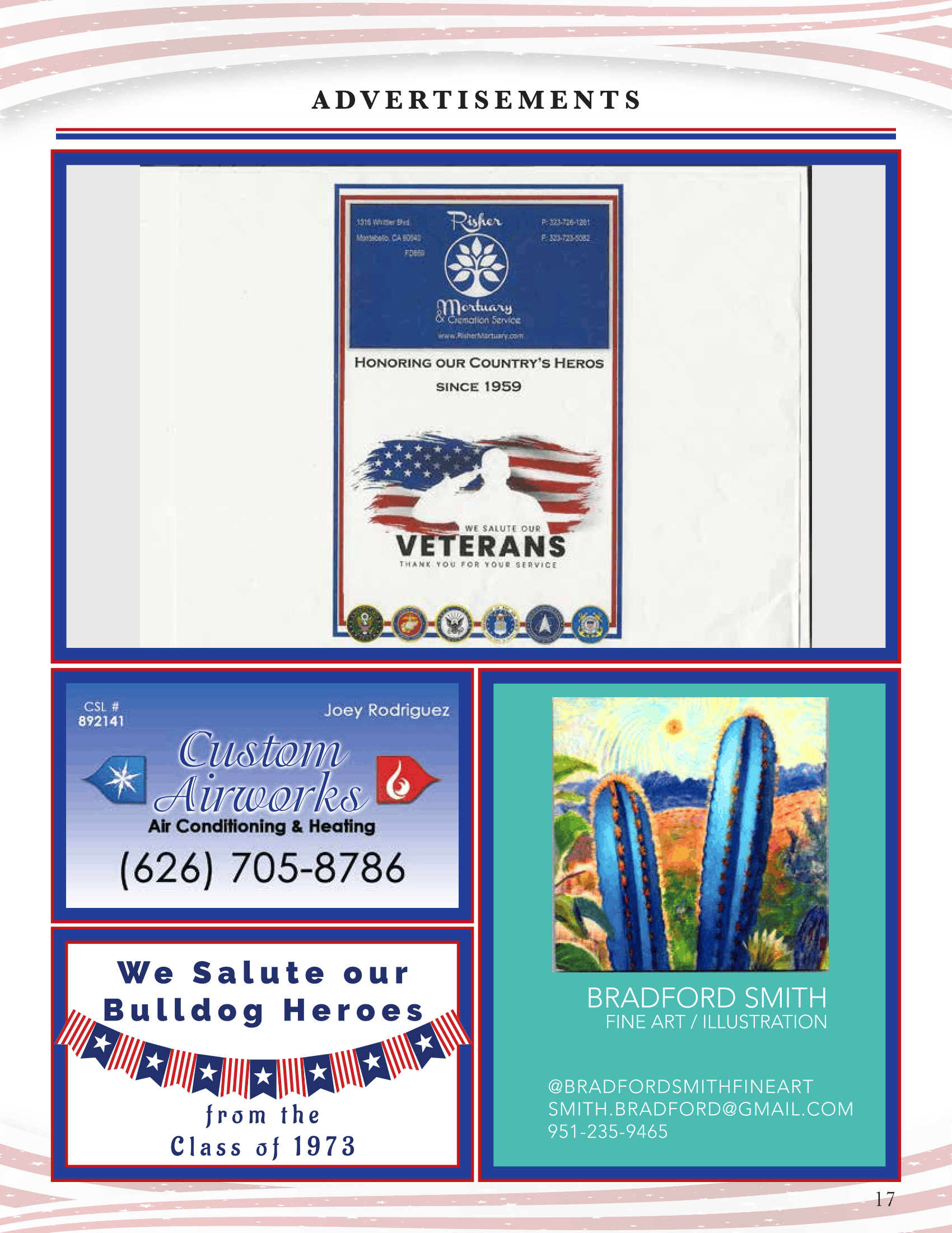 Advertisement collage with four colorful business ads, including veterans, builders, and local services.