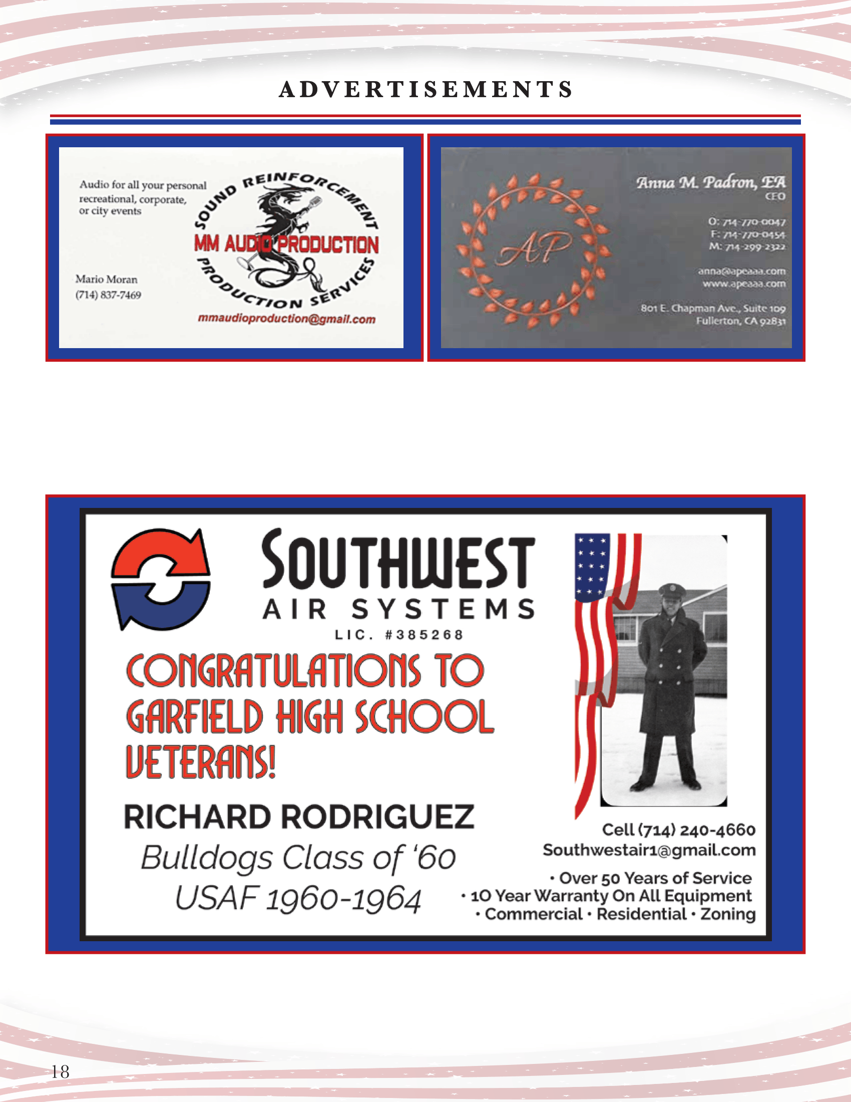 Southwest Air Systems congratulates Garfield High School veterans, with two small ad panels above.