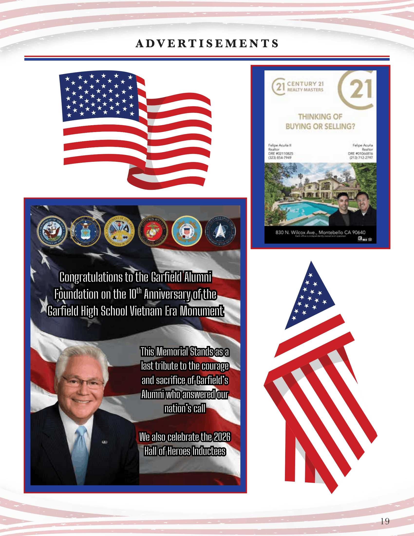Poster collage with American flags and a portrait of a man in a suit with military-style emblems