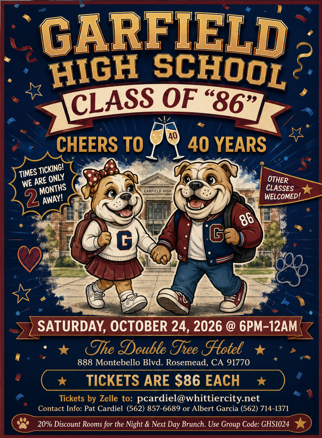 Garfield High School Class of '86 40th reunion event poster featuring bulldog mascots in front of the school with event date, location, and ticket information.