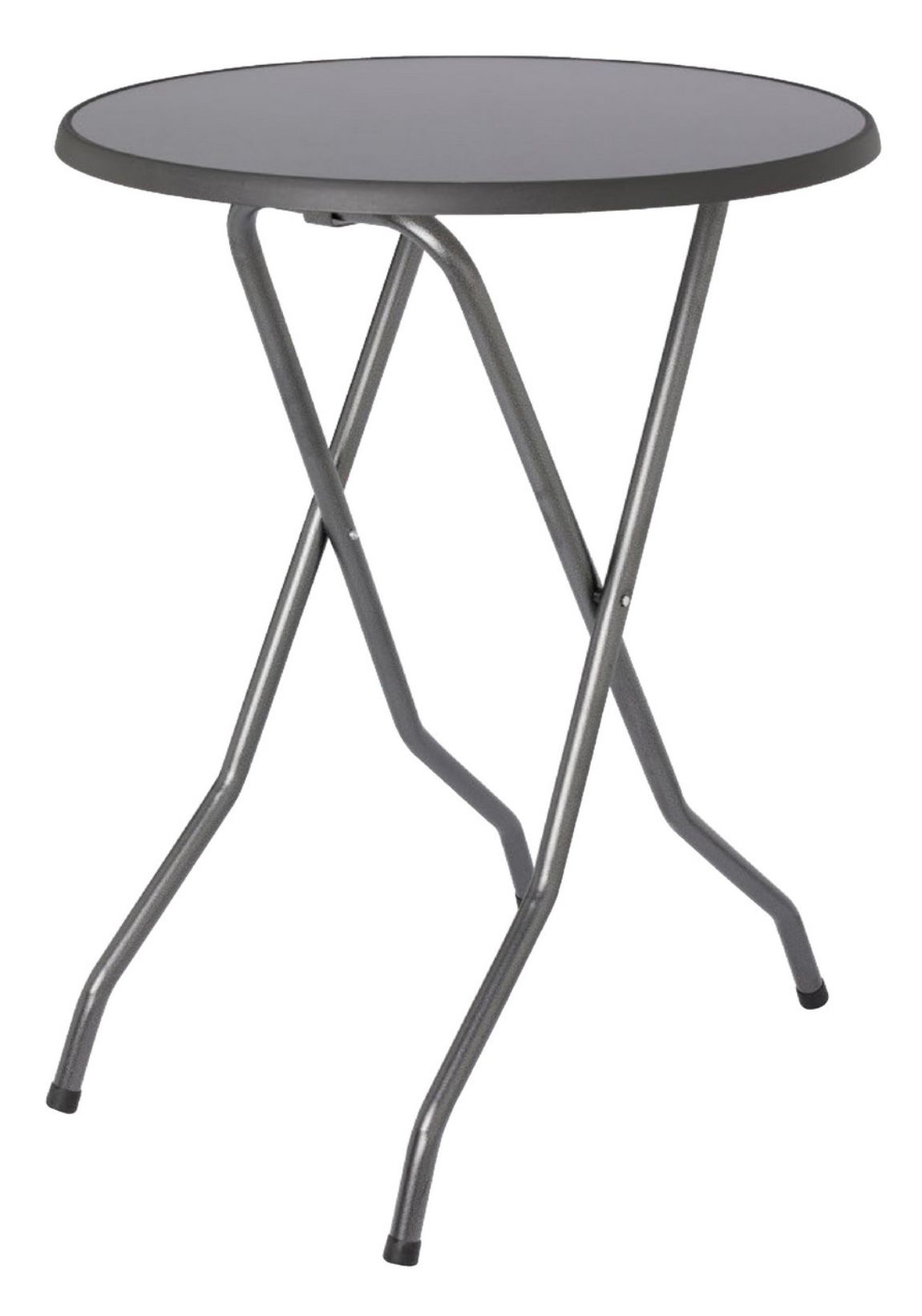 Een ronde, donkergrijze klaptafel met een zwart metalen frame op een witte achtergrond.
