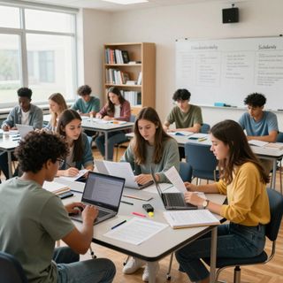 Estudiantes en un aula, trabajando con portátiles y papeles en escritorios. Se ven estanterías y una pizarra.