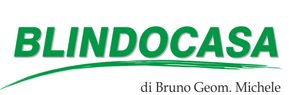 Logo con testo "BLINDOCASA" verde con swoosh e "di Bruno Geom. Michele" sotto.